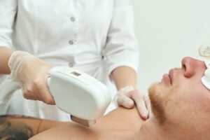 laser hair removal for men on the neck and shoulder at First Avenue Medical Spa in Kitsilano, Vancouver
